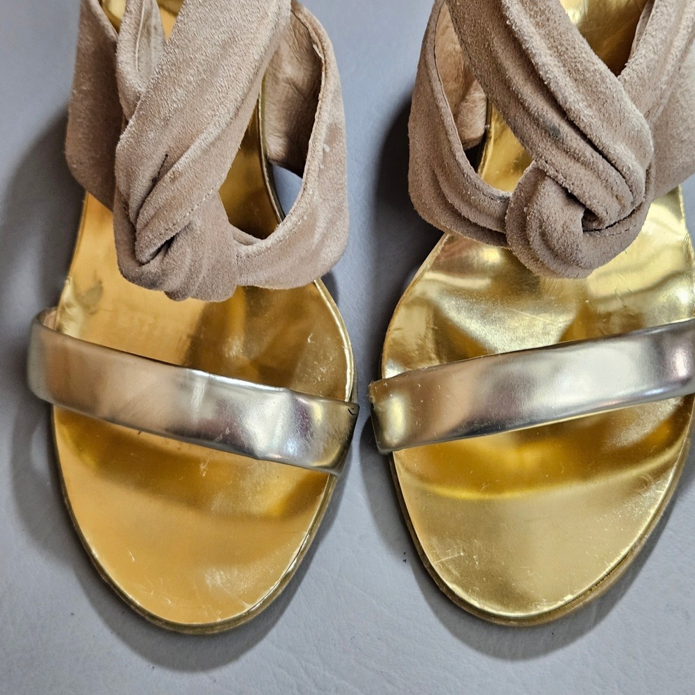 Michael Michael Kors Tan Suede Metallic Gold Cone Heel Sandals 6.5M - Picture 2 of 14